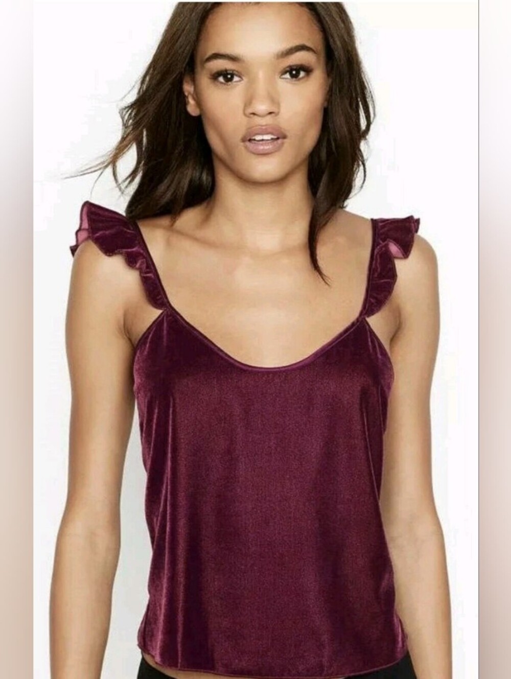 Victorias Secret Wine Velvet Ruffle Cami Top Ruffle Sleeves Size S EUC